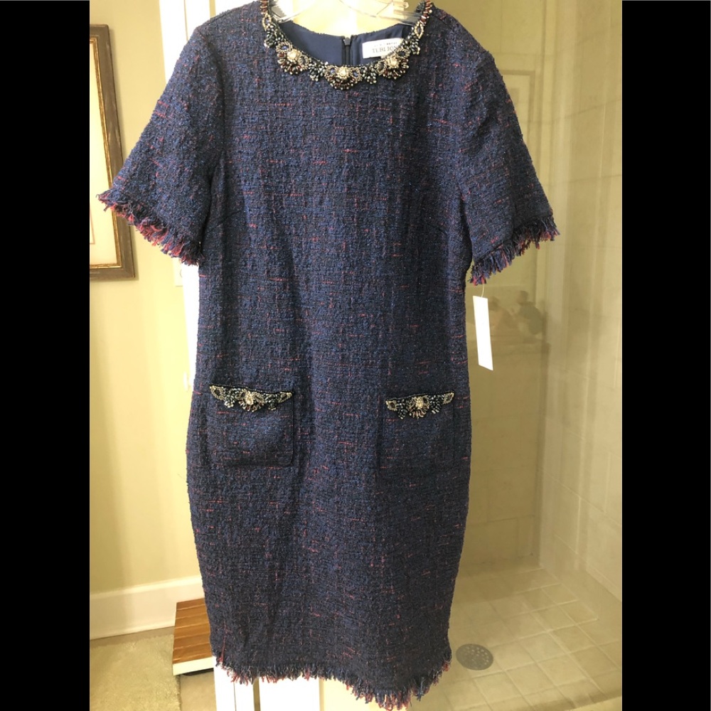 Brand new blue dress with jewel collar & pocket trim size 14
